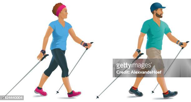 nordic walking man and woman - positive healthy middle age woman stock illustrations