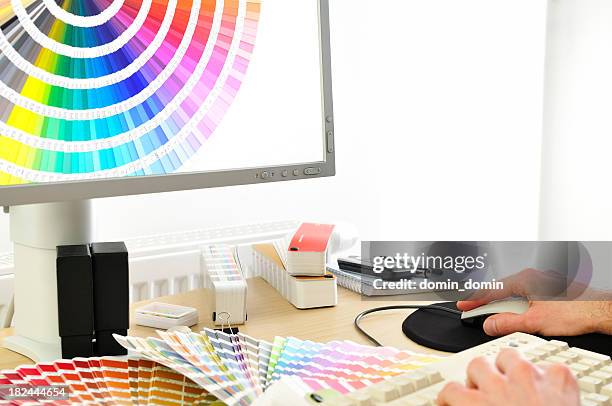 close-up of graphic designer choosing colour cards on lcd screen - paint microsoft stock pictures, royalty-free photos & images