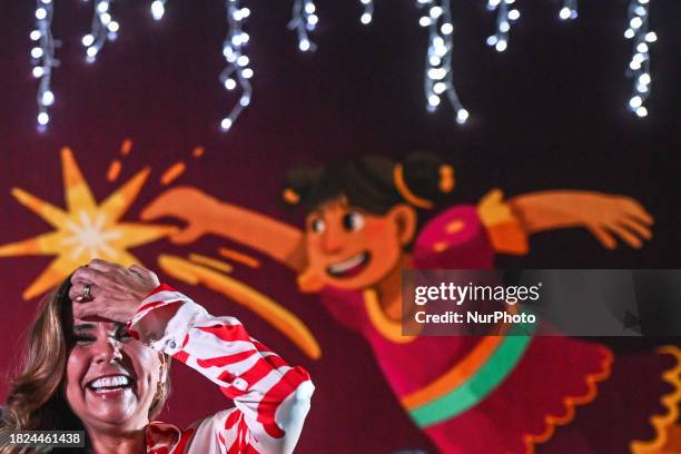 Quintana Roo Governor Mara Lezama Espinosa addresses the crowd outside Cancun Town Hall, anticipating the Christmas tree lighting, on December 4 in...