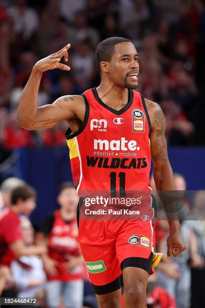 Bryce Cotton of the Wildcats celebrates a basket during the round nine NBL match between Perth Wildcats and Sydney Kings at RAC Arena, on December 01...