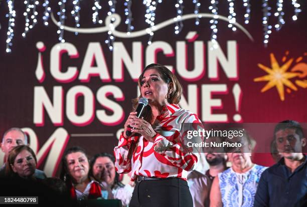 Quintana Roo Governor Mara Lezama Espinosa addresses the crowd outside Cancun Town Hall, anticipating the Christmas tree lighting, on December 4 in...