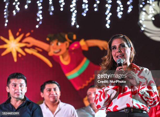 Quintana Roo Governor Mara Lezama Espinosa addresses the crowd outside Cancun Town Hall, anticipating the Christmas tree lighting, on December 4 in...