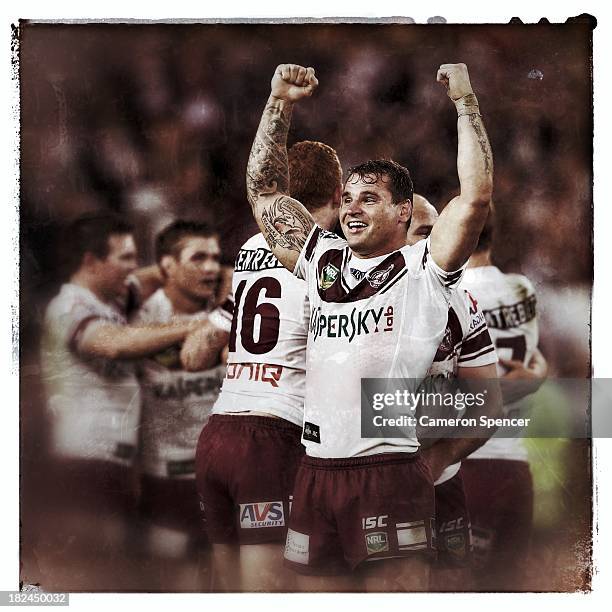 Anthony Watmough of the Sea Eagles celebrates after winning the NRL Preliminary Final match between the South Sydney Rabbitohs and the Manly...