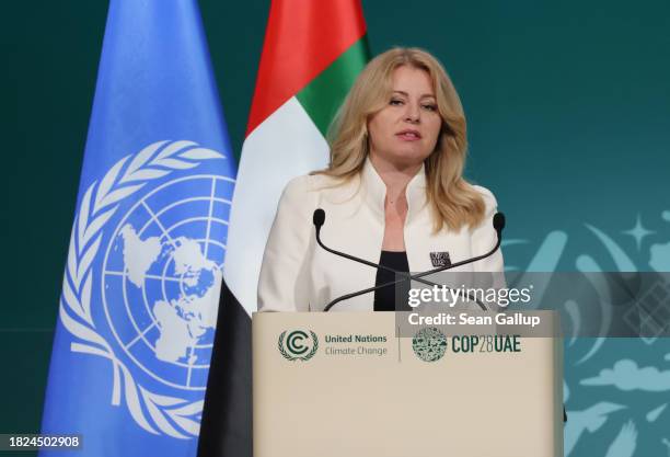 Zuzana Caputova, President of Slovakia, speaks during day one of the high-level segment of the UNFCCC COP28 Climate Conference at Expo City Dubai on...