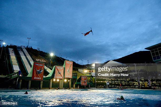 Members of the Flying Aces provide an aerial skiing demonstration during the Team USA media summit opening reception at Utah Olympic Park on...
