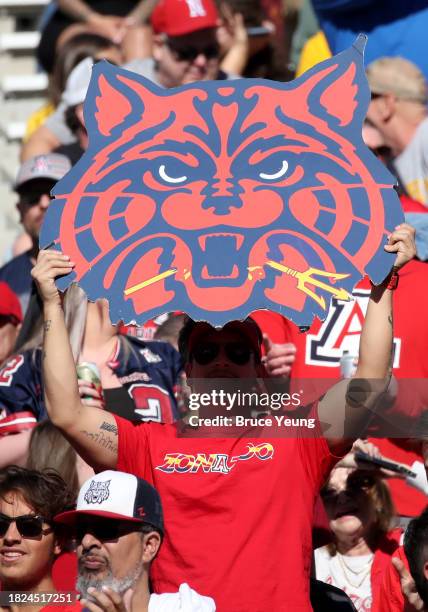 An University of Arizona fan holds up a Wildcats sign during the University of Arizona Wildcats versus the Arizona State Sun Devils football game at...