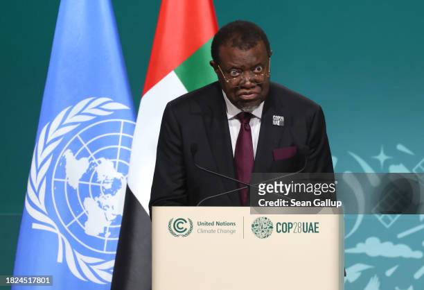 Hage Gottfried Geingob, President of Namibia, speaks during day one of the high-level segment of the UNFCCC COP28 Climate Conference at Expo City...