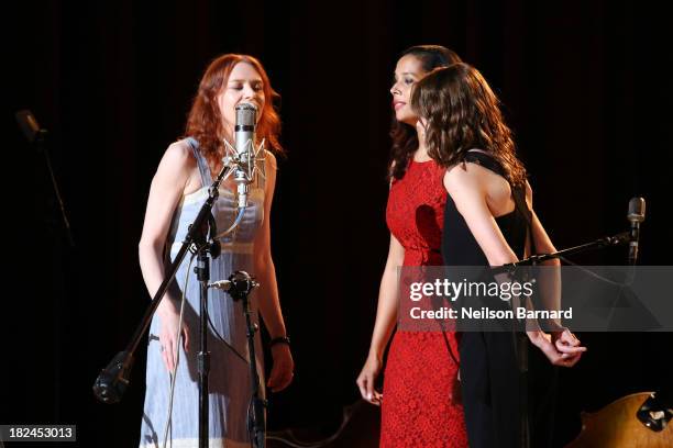 Actress Carey Mulligan performs on stage with Gillian Welch and Rhiannon Giddens during the one-night-only concert "Another Day, Another Time:...