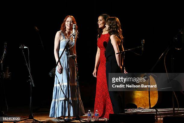 Actress Carey Mulligan performs on stage with Gillian Welch and Rhiannon Giddens during the one-night-only concert "Another Day, Another Time:...
