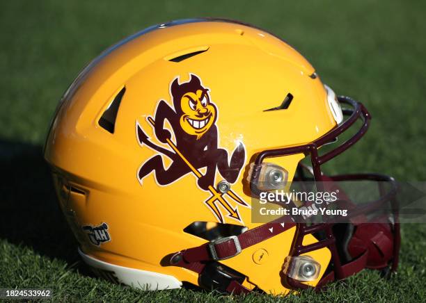View of the Arizona State University Sun Devils helmet during the University of Arizona Wildcats versus the Arizona State Sun Devils football game at...