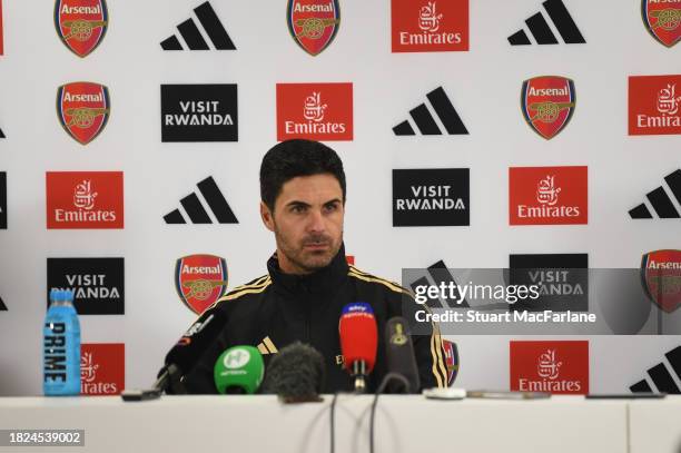 Arsenal manager Mikel Arteta attends a press conference at London Colney on December 01, 2023 in St Albans, England.