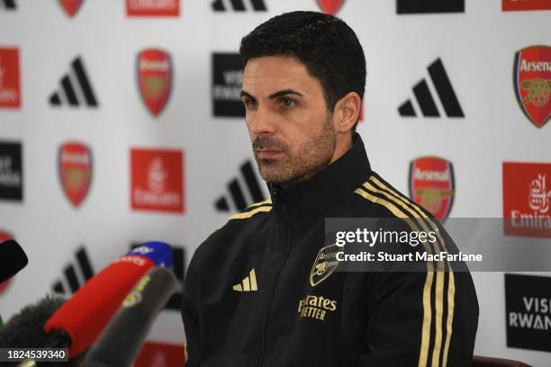 Arsenal manager Mikel Arteta attends a press conference at London Colney on December 01, 2023 in St Albans, England.