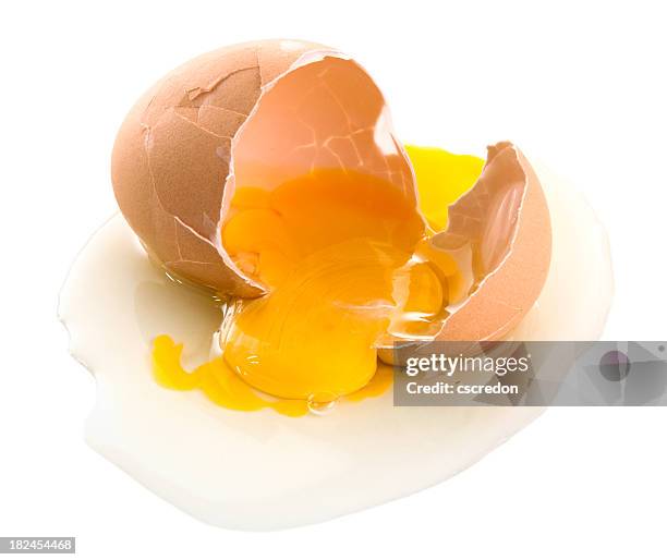 cracked brown eggs with yolk spilling out - animal egg stockfoto's en -beelden