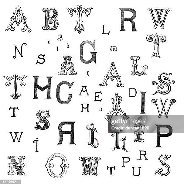 retro alphabet letters - medieval illuminated letter stock illustrations