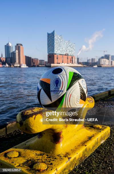 General view of the Elbphilharmonie with the UEFA EURO 2024 Official Match Ball prior to the UEFA EURO 2024 Final Tournament Draw at Elbphilharmonie...