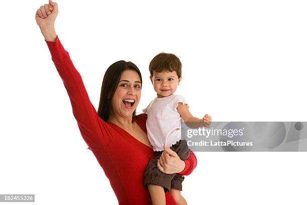 female holding toddler gesturing fist in the air - mother on white background stock pictures, royalty-free photos & images