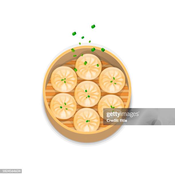 illustrations, cliparts, dessins animés et icônes de baozi mantou momo khinkali. boulettes de nourriture traditionnelle asiatique dans un cuiseur vapeur en bambou. icône vectorielle avec des boulettes ou des petits pains cuits à la vapeur de la nourriture chinoise. - dumplings drawing