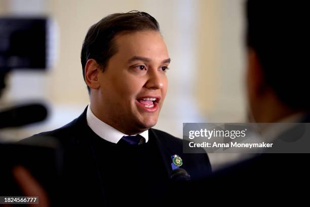 Rep. George Santos is interviewed by FOX News in the rotunda of the Cannon House Office Building before a vote to expel him from the House of...