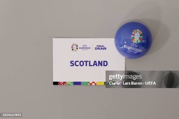 Detailed view of the draw card of Scotland is seen ahead of the UEFA EURO 2024 Final Tournament Draw at Elbphilharmonie on December 01, 2023 in...