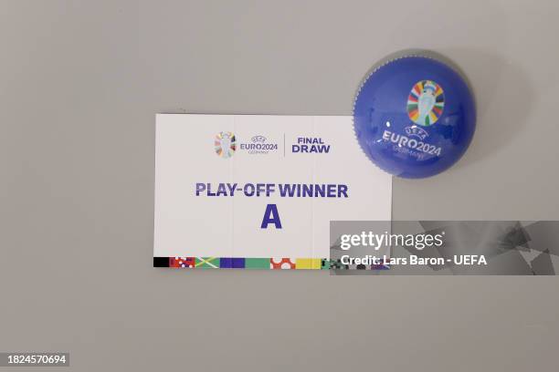 Detailed view of the draw card of Play-Off Winner A is seen ahead of the UEFA EURO 2024 Final Tournament Draw at Elbphilharmonie on December 01, 2023...