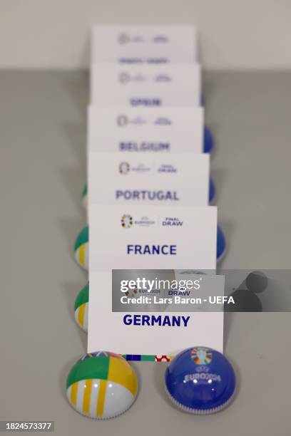 Detailed views of draw cards are seen ahead of the UEFA EURO 2024 Final Tournament Draw at Elbphilharmonie on December 01, 2023 in Hamburg, Germany.