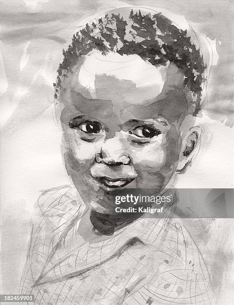 stockillustraties, clipart, cartoons en iconen met american african child - black watercolor