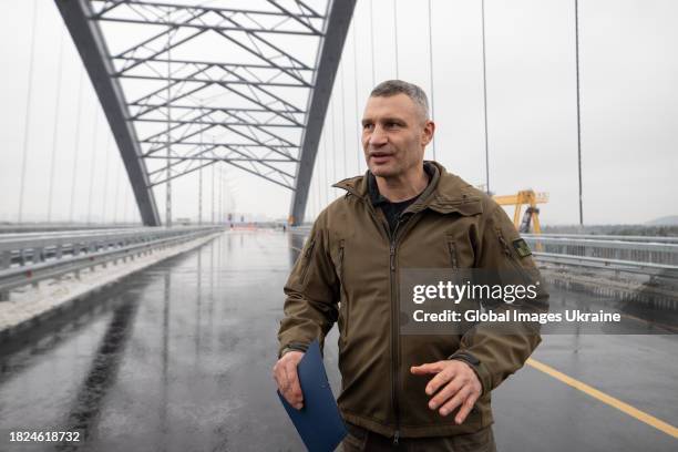 Mayor of Kiev Vitali Klitschko speaks to journalists during the opening ceremony of the Podilsko-Voskresenskyi Bridge on December 1, 2023 in Kyiv,...