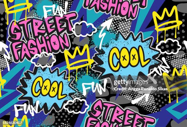 funky retro graffiti street style seamless pattern - matching shirts stock illustrations