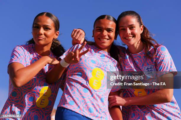 Ava Baker, Freyra Godfrey and Lois Marley Paraskevas of England U19 pose for a photo before a match between England U19 and Sweden U19 at Estadio...