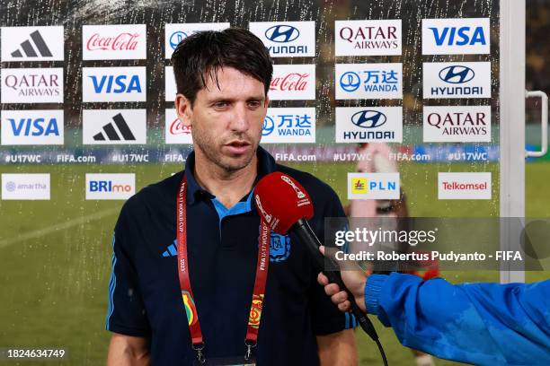 Diego Placente, Head Coach of Argentina, is interviewed following the FIFA U-17 World Cup 3rd Place Final match between Argentina and Mali at Manahan...
