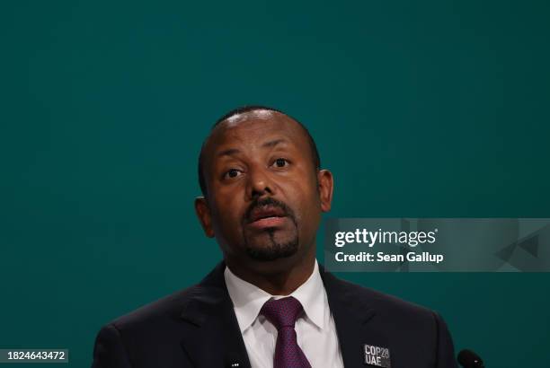 Abiy Ahmed Ali, Prime Minister of Ethiopia, speaks during day one of the high-level segment of the UNFCCC COP28 Climate Conference at Expo City Dubai...