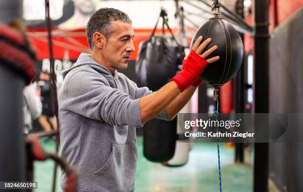 male boxer practicing on speed bag during training session - lazio training session stock pictures, royalty-free photos & images