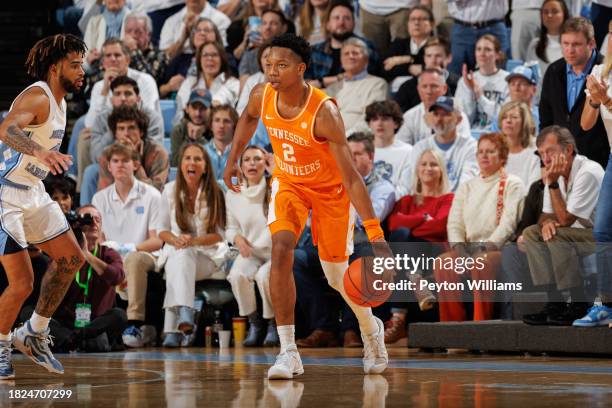 Jordan Gainey of the Tennessee Volunteers dribbles the ball during a game against the North Carolina Tar Heels on November 29, 2023 at the Dean Smith...