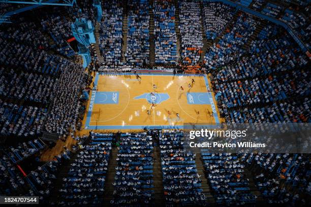 An overhead general view of the white out during a North Carolina Tar Heels game against the Tennessee Volunteers on November 29, 2023 at the Dean...