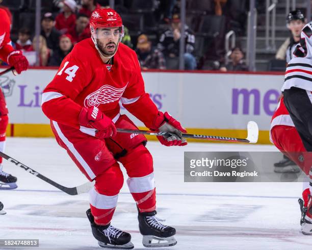 Robby Fabbri of the Detroit Red Wings follows the play against the Chicago Blackhawks during the third period at Little Caesars Arena on November 30,...