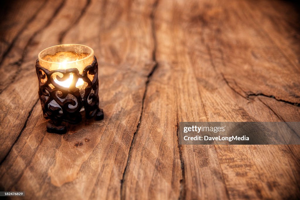 Aged Wood Tabletop and Candle