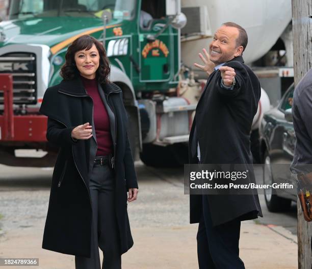 Marisa Ramirez and Donnie Wahlberg are seen on the set of "Blue Bloods" on December 04, 2023 in New York City.