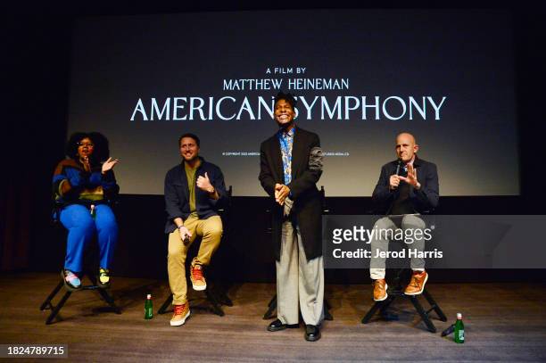 Producer Lauren Domino, Director Matthew Heineman, Jon Batiste and John Horn speak onstage during Netflix's American Symphony Tastemaker Screening at...