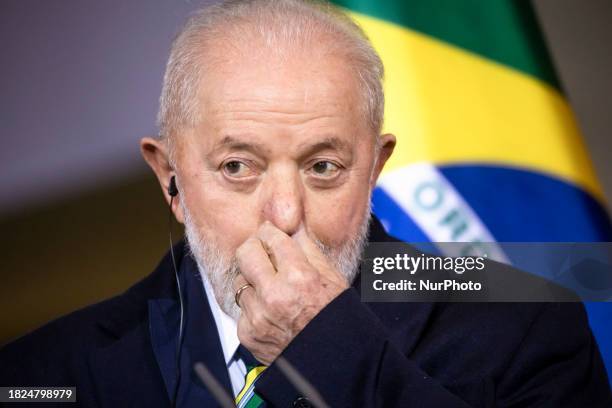 Brazilian President Luis Inacio Lula da Silva is speaking during a press conference following the 2nd German-Brazilian Government Consultations at...