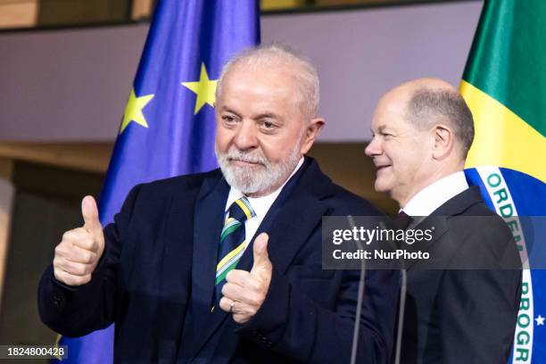 Brazilian President Luis Inacio Lula da Silva and German Chancellor Olaf Scholz are attending a press conference after the 2nd German-Brazilian...