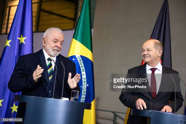 Brazilian President Luis Inacio Lula da Silva and German Chancellor Olaf Scholz are attending a press conference after the 2nd German-Brazilian...