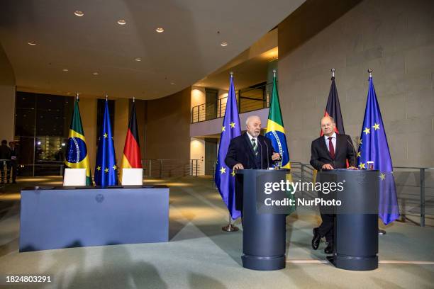 Brazilian President Luis Inacio Lula da Silva and German Chancellor Olaf Scholz are attending a press conference after the 2nd German-Brazilian...