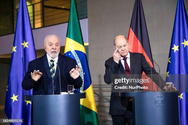 Brazilian President Luis Inacio Lula da Silva is speaking during a press conference following the 2nd German-Brazilian Government Consultations at...