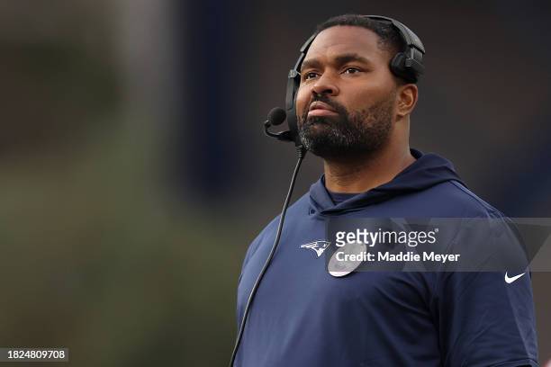 Linebackers coach Jerod Mayo looks on during the game against the Washington Commanders at Gillette Stadium on November 05, 2023 in Foxborough,...