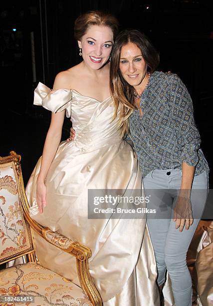 Laura Osnes as "Cinderella" and Sarah Jessica Parker pose backstage at "Rodgers & Hammerstein's Cinderella" on Broadway at The Broadway Theater on...