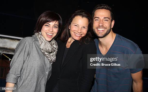 Krysta Rodriguez, Fran Drescher and Zachary Levi pose backstage at "First Date" on Broadway at The Lyceum Theater on September 29, 2013 in New York...