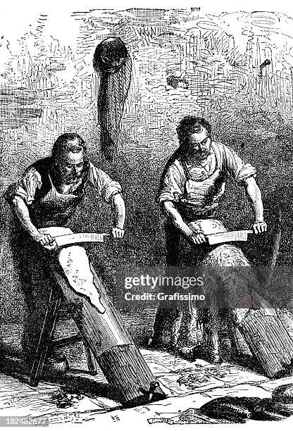 engraving men rasping leather for manufacturing shoes - cowhide stock illustrations