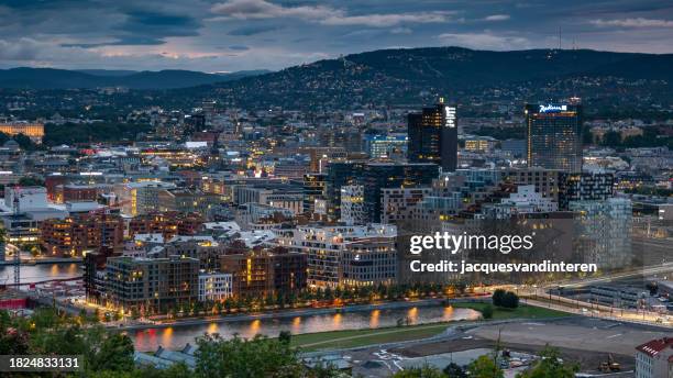 panoramic view of oslo in the evening. in the foreground bjørvika, a new, modern and trendy area of oslo - oslo business stock pictures, royalty-free photos & images