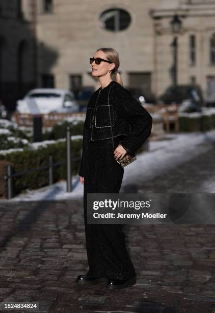 Marlies Pia Pfeifhofer seen wearing YSL brown sunglasses, H&M black boucle glitter blazer jacket, matching black boucle glitter wide leg pants, Louis...