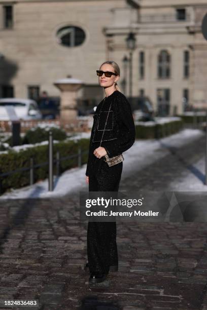 Marlies Pia Pfeifhofer seen wearing YSL brown sunglasses, H&M black boucle glitter blazer jacket, matching black boucle glitter wide leg pants, Louis...